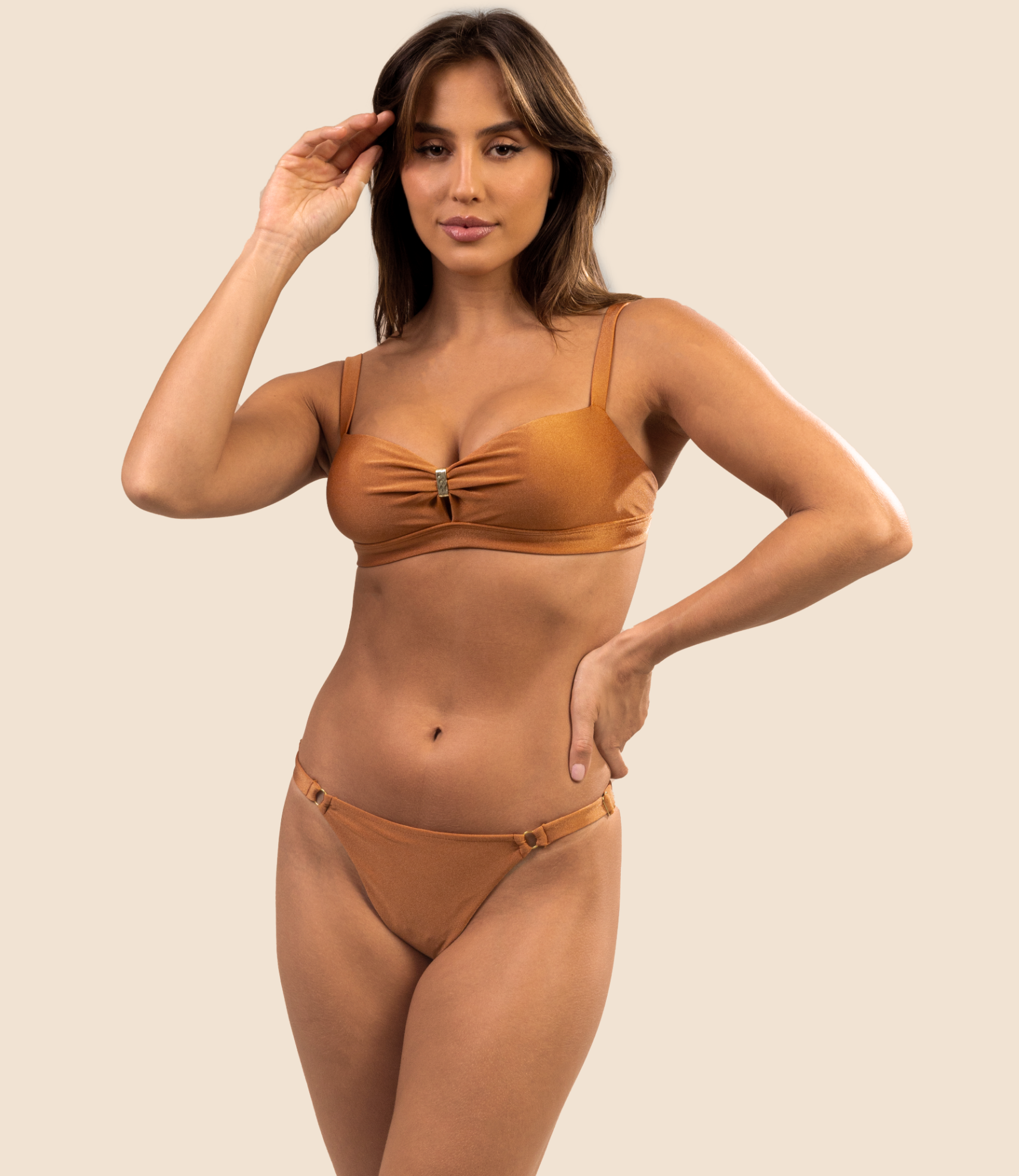 Top Faixa Liso Antonella+Calcinha Lisa Lateral Estreita Mel