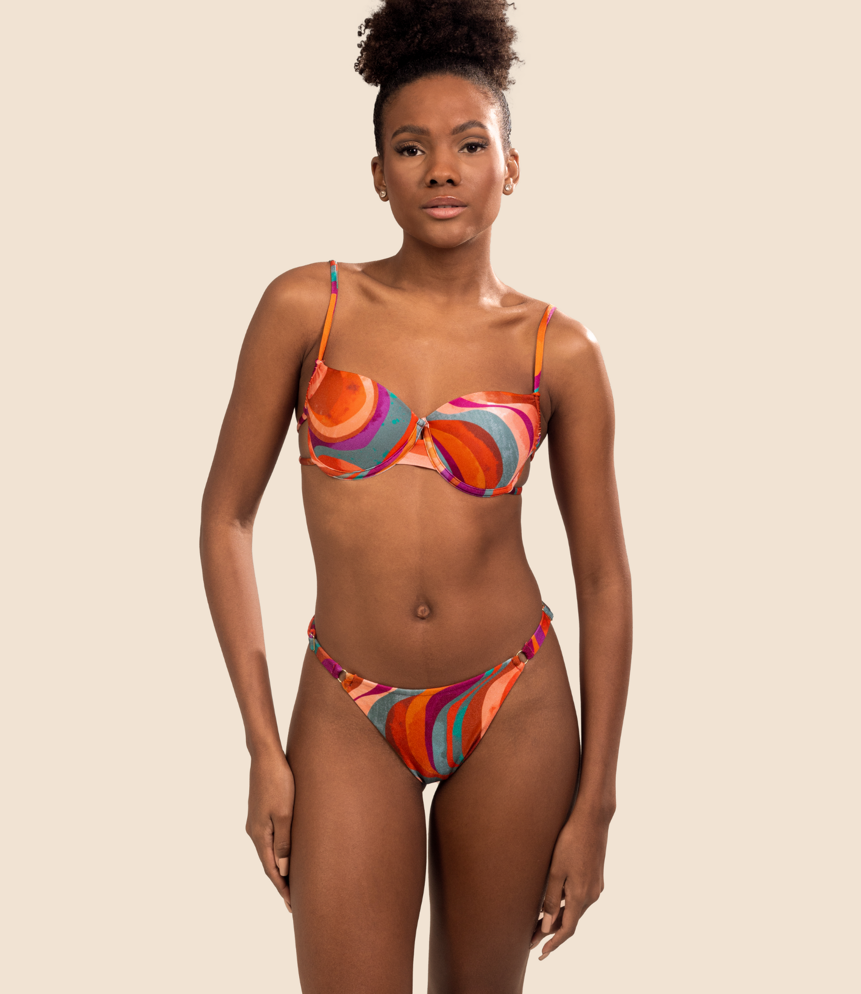 Top Meia Taça Estampado Ágatha + Calcinha Estampada Lateral Estreita Mel