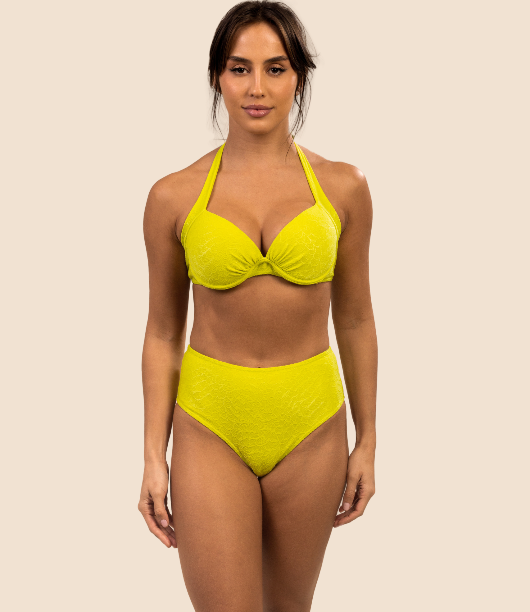 Top Meia Taça Texturizado Jéssica + Calcinha De Biquini Hot Pants Texturizada Alice
