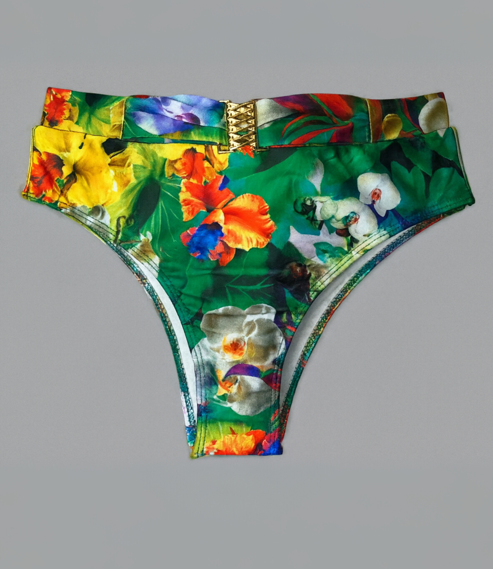 Calcinha com Cós Largo e Detalhe Dourado Estampada